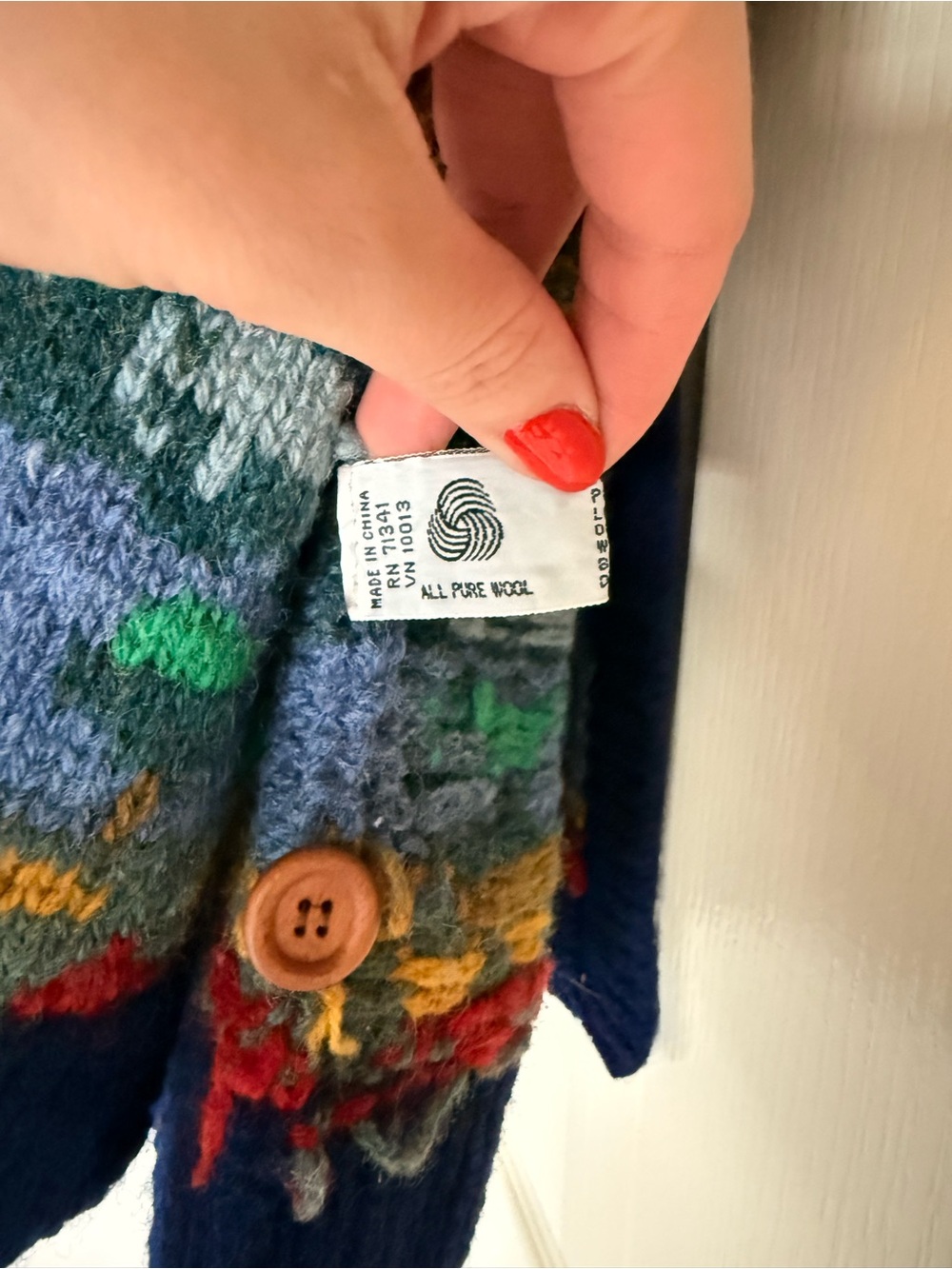 L.L. Bean Multicolor Fair Isle Wool Cardigan - Navy, Gray, Mustard, Green, Red - Picture 5 of 6